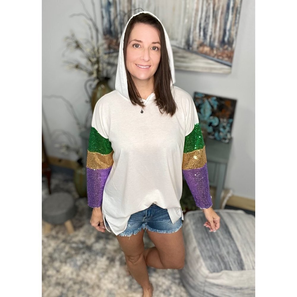 Mardi Gras Sequined Hoodie Shirt Purple Green & Gold Ivory New Orleans 0223